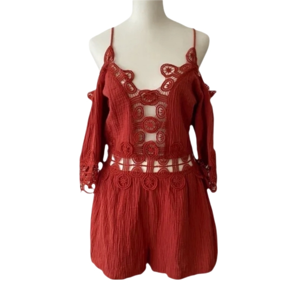 SAYLOR Sparrow Romper Off Shoulder Crochet Trim Rust Red NWT Medium Gauze Linen